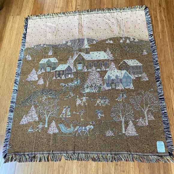Mohawk Throw Blanket Tapestry Winter Scene Snow Fringe Christmas Holiday 56x51 - Picture 2 of 11